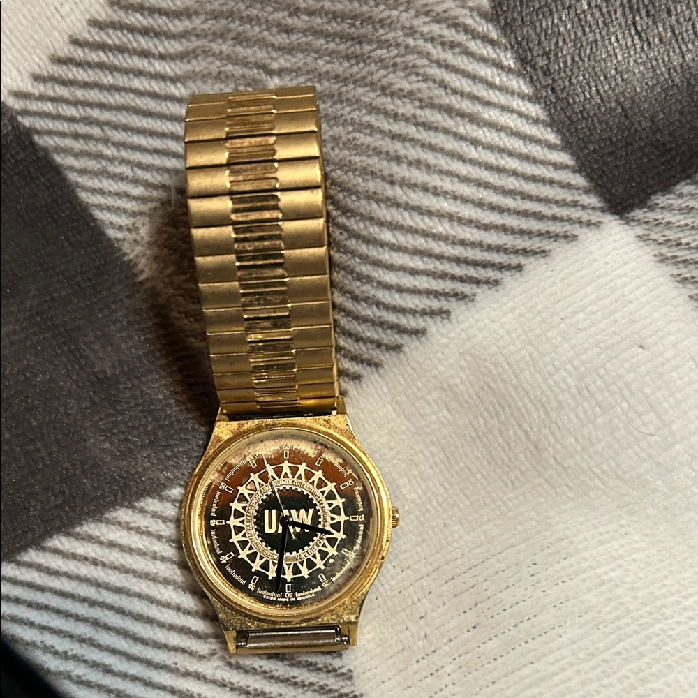 Gold-Tone Stretch Bracelet Watch with Black Decorative Dial